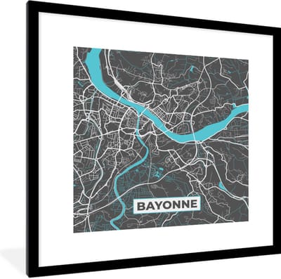 Fotolijst incl. Poster - Bayonne - Frankrijk - Plattegrond - Stadskaart - Kaart - 40x40 cm - Posterlijst