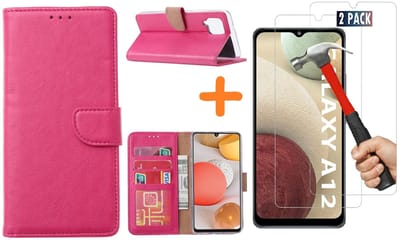 Hoesje Geschikt Voor Samsung Galaxy A12 hoesje wallet case Roze - Galaxy A12 hoesje bookcase Portemonnee- Galaxy A12 Hoesje book cover hoesjes met 2 pack Screenprotector