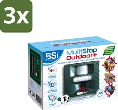 BSI – Multistop Outdoor Plus – Dierenverjager Ultrasoon met Flitslicht & Alarm – Bereik tot 500 m² - Bulkverpakking - 3 stuks