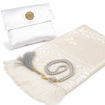 Baraka Treasures Luxe Cadeauset - Gebedskleed Set - Islamitische Giftset - Gebedskleed met Tasbih - Luxe Opbergtas - Eid Cadeau - 105cm x 70cm - Wit