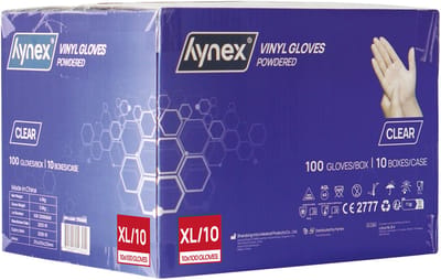 Hynex Vinyl handschoenen Gepoederd maat XL omdoos 1000 stuks 4,5gram Transparant/ Wit 10x100/doos