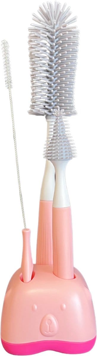 TSD goods – Flessenborstel – Flessenborstel Baby – Beer roze – Flessenborstel met Houder – Flessenreiniger – Flesvoeding accessoires – Kleur Roze