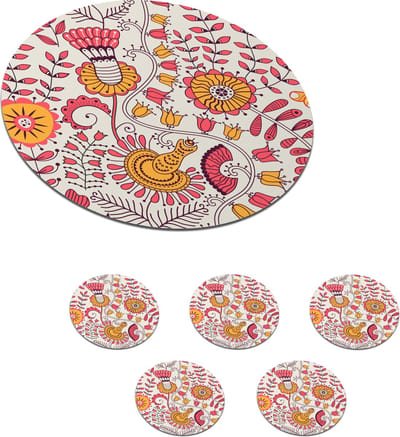 Onderzetters voor glazen - Rond - Bloemen - Design - Roze - Oranje - 10x10 cm - Glasonderzetters - 6 stuks