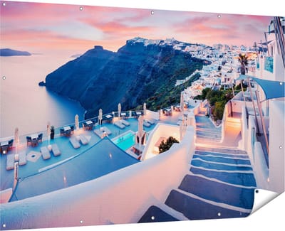 Gards Tuinposter Luxe Huisjes aan de Kust in Fira, Griekenland - 180x120 cm - Tuindoek - Tuindecoratie - Wanddecoratie buiten - Tuinschilderij