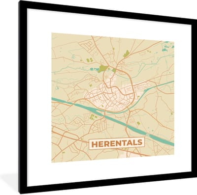 Fotolijst incl. Poster - Vintage - Plattegrond - Herentals - Kaart - Stadskaart - 40x40 cm - Posterlijst