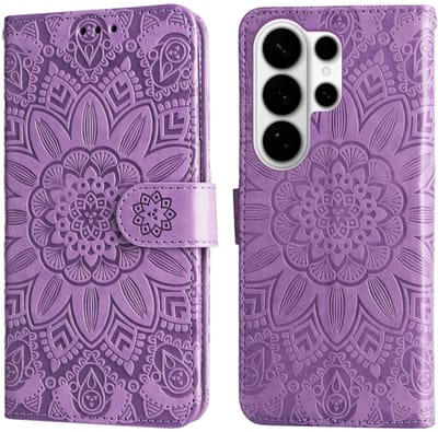 PU BoekCover Hoes Etui geschikt voor Samsung Galaxy S26 Ultra - Paars - Bloem-Motief in Reliëf