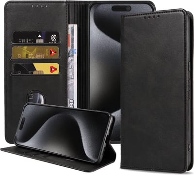 Smartphonica Telefoonhoesje geschikt voor iPhone 15 Pro kunstleren Hoesje met Magnetische sluiting en Pasjeshouders Book Case met Klepje - Zwart geschikt voor iPhone 15 Pro