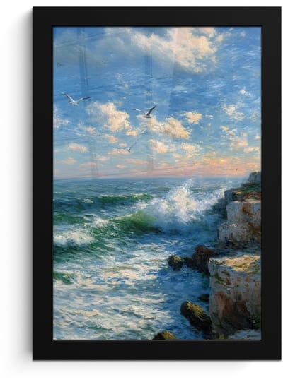Poster in lijst - Fotolijst 20x30 cm - Posters - Zee - Golven - Rotsen - Meeuwen - Posterlijst zwart - Decoratie - Wanddecoratie woonkamer - Muurdecoratie slaapkamer
