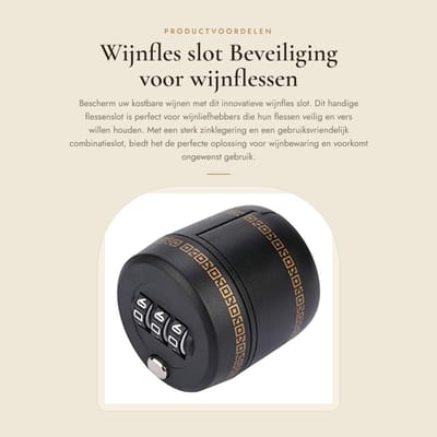 Dailygoods- Wijnfles Slot Zinklegering - Combinatieslot - Wijn Stopper - Flessenslot - Beveiliging - ABS/Kunststof - Zwart - 44x45mm