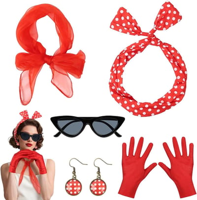 Retro 50s Kostuum Accessoires Set met Cat Eye Bril, Dotted Bandana, Hoofdband, Oorbellen en Handschoenen voor Vrouwen