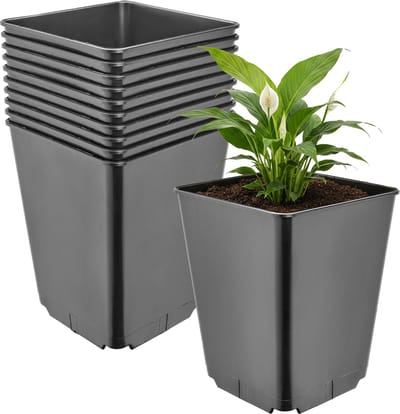 Garronda Set van 10 hoge vierkante kunststof kweekpotten met drainagegaten voor tuin (Zwart, 16 x 16 x 20 cm (3,5L)) GD-KW-HS