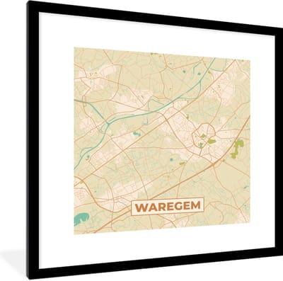 Fotolijst incl. Poster - Plattegrond - Vintage - Kaart - Stadskaart - Waregem - 40x40 cm - Posterlijst