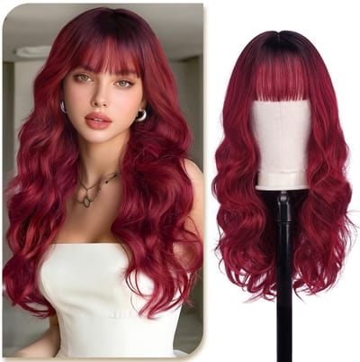 Dailygoods- Pruik Lange Golvende - 60 cm Bordeauxrood-Zwart Ombre - Synthetische Pruik - Krullende Pruik - Dames - Geschikt voor Cosplay/Carnaval - Haarstuk
