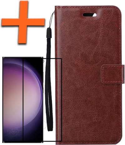 Hoes - Met Screenprotector - Geschikt voor Samsung Galaxy S23 Ultra - Luxe Pasjeshouder - Bookcase Portemonee - Flip Case - Kunstleer Book Case - Flipcase - Book Cover - Walletcase - PortemonneeHoes - Bruin