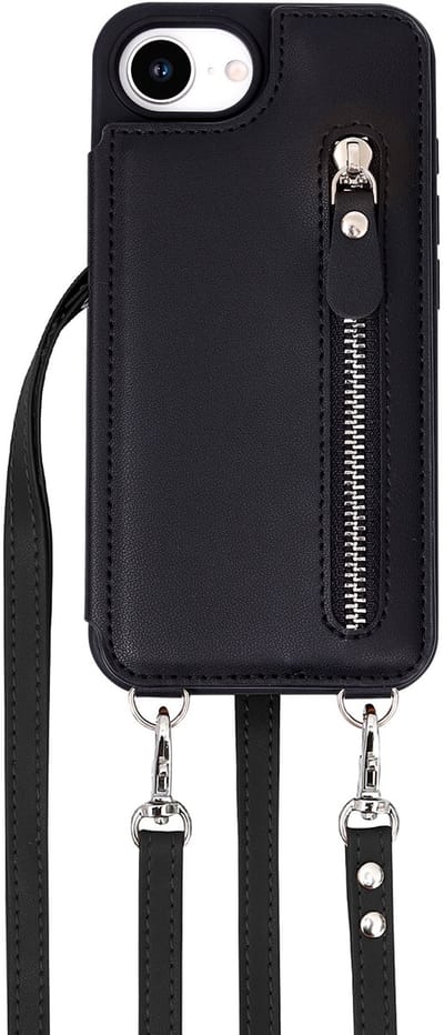 Casemania Hoesje Geschikt voor Apple iPhone 16e - Zwart - Luxe Back Cover met Koord / Rits - Wallet Case met Pasjeshouder - Lanyard Telefoonhoes - Cord Case
