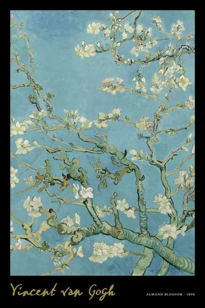 Poster 30x40 cm - Amandelbloesem - Vincent van Gogh - Bloesemtakken - Blauw - Zwart - Postimpressionisme - Botanisch - Muurdecoratie - Wanddecoratie