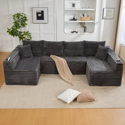 OKWISH U-Bank 320 x 155 cm - Modulaire Opstelling Met Bekerhouders En Zijvakken - Voor Woonkamer Of Lounge - Cord - Donkergrijs