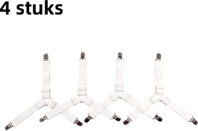 Set van 4 stuks - Verstelbare sluiting voor laken en dekbed - Tafelkleed, bankhoes en lakenklemmen - 3 clips - Wit