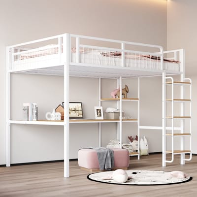 DESMIU Metalen Hoogbed 140x200cm – Hoogbed Met Veiligheidsladder En Tafel – Bed Met Opbergruimte En Planken – Voor Jeugdkamer – Wit – Zonder Matras
