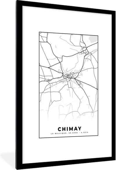 Fotolijst incl. Poster Zwart Wit- België – Chimay – Stadskaart – Kaart – Zwart Wit – Plattegrond - 80x120 cm - Posterlijst