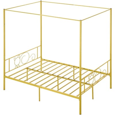 Volledige Maat Hemelbed Frame, Metalen Hemelbed met Minimalistisch Hoofdbord & Vierpilaren Ontwerp, Robuuste Stalen Lattenbodem Ondersteuning, Ruimte Onder het Bed voor Opslag,