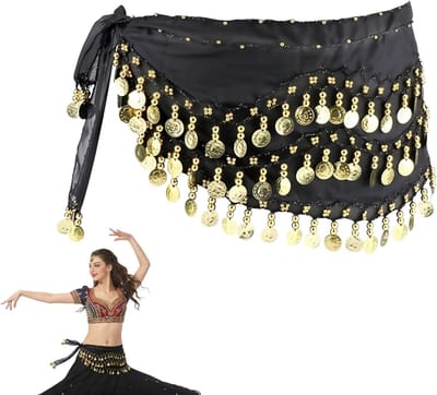 Professionele buikdans heupdoek met munten en chiffon riem voor podiumoptredens en Latin American dans (140 cm lang)