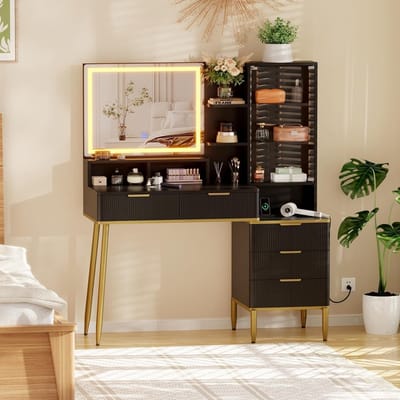 Moderne Zwarte Kaptafel met LED Spiegel en Oplaadstation - Make-up Tafel met 5 Laden, Glazen Deuren en Gouden Poten - 115 x 46 x 139 cm