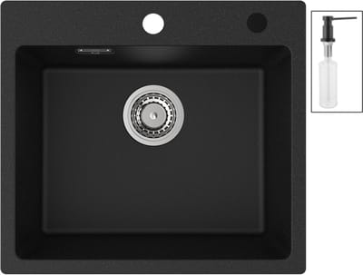 CECIPA Max Spoelbak Zwart 50x45CM - Graniet Spoelbakken Keuken Met Zeepdispenser - Enkele Spoelbak - Spoelbakken Incl. Sifon en Afvoerzeefje
