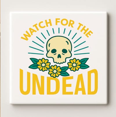 Keramische Kunsttegel 15x15cm – “Watch for the Undead” Schedel & Bloemen Ontwerp – Gotische Halloween Muurdecoratie voor Huis & Kantoor