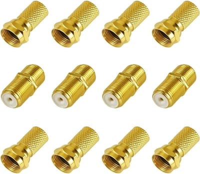 YAYNO 4 paar F-connectoren verguld 8x7 mm F-stekker en 4 adapters, SAT-F-stekker naar coaxverlenging, coaxkabel, brede moer voor satellietinstallatiekabel