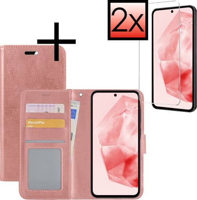 Hoesje - Met 2x Screenprotector - Geschikt voor Samsung Galaxy A35 - Luxe Pasjeshouder - Bookcase Portemonee - Flip Case - Kunstleer Book Case - Flipcase Hoes - Book Cover - Walletcase - Portemonneehoes - Rosé goud