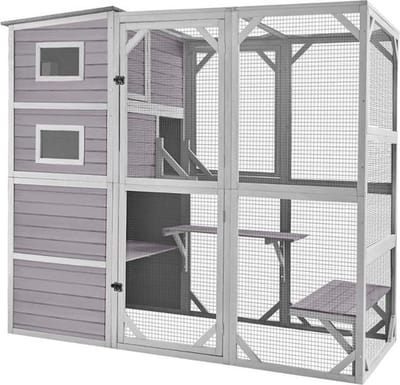 Thuys – Luxe Kattenbench – Met Etages en Ligbankjes – Kattenkooi – Kattenren – Kattenhuis XXL – Asfalt Dak – Veilig Design – Grijs