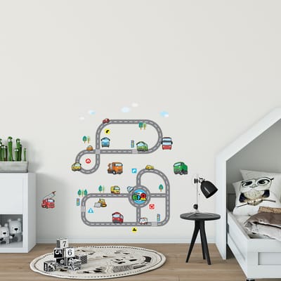Decoratieve muurstickers met twee auto- en bussporen.