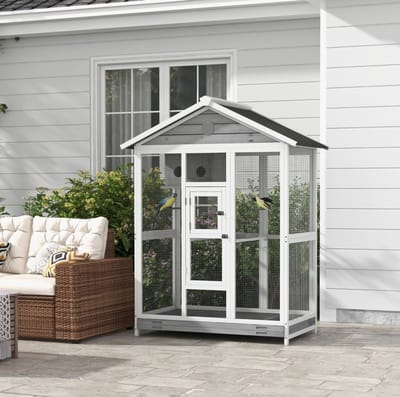 Wishdor - Vogelkooi - Staand model met 4 zitstokken en nest - Voor binnen en buiten - Met asfaltdak - Staal - Wit/grijs - 112 x 68 x 154 cm