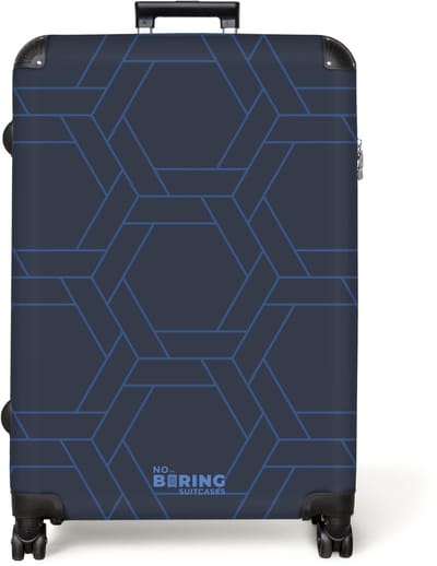 NoBoringSuitcases.com® - Koffer groot - Reiskoffer lichtgewicht - Geometrisch patroon met lichtblauwe lijnen op een donkerblauwe achtergrond - Rolkoffer met 4 wielen - Grote trolley XL - 98 liter bagage