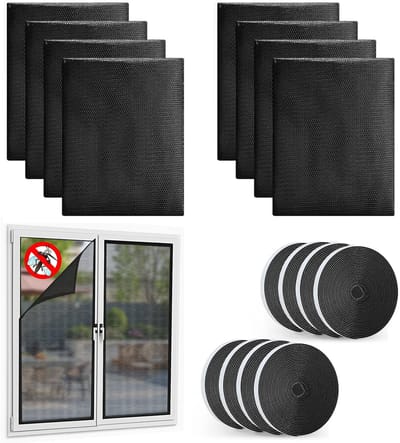 Dailygoods - Vliegengaas voor ramen, 130 x 150 cm, insectenbescherming voor ramen met innovatief klittenband, vliegengaas, zonder boren, raamgaas, insectenbescherming, van polyester, 8 stuks, zwart