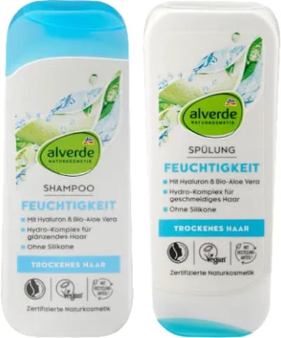 Alverde Naturkosmetik Combiverpakking - Shampoo & Conditioner Vochtigheid | 2x 200 ml - Bio-Aloë Vera & Hyaluron - Voor droog haar | Siliconenvrij - Vegan Haarshampoo