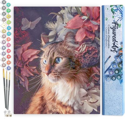 Figured'Art Schilderen op Nummer Volwassenen canvas Kat met bloemen en vlinder - Handwerk acrylverf Kit DIY Compleet - 40x50cm zonder frame