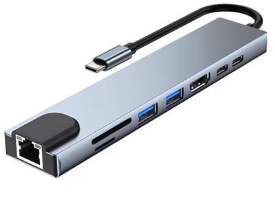 8-in-1 uitbreidingsdock - 100 Mbps Ethernet-poort - USB 3.0 + USB 2.0 gegevensoverdracht - Type-C-hub voor laptops met USB-poorten, SD-kaartsleuf en HDMI-interface - Zilvergrijs