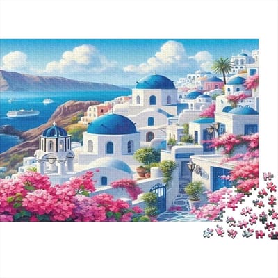 Santorini Puzzel - 1000 Stukjes - Ontspanning Thuis - Gerecycled Papier - 70x50cm - Levendige Kleuren