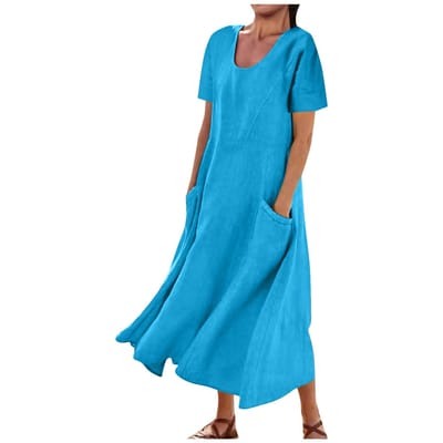 Dameskleding, Dames Effen Kleur Katoen Linnen Ronde Hals Korte Mouw Lange Losse Zwaaijurk 3XL blue
