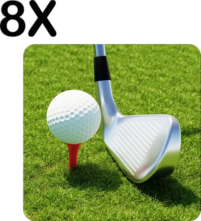Luxe Placemat - Golfbal en Golfclub op het Gras - Set van 8 Placemats - 50x50 cm - 2 mm dik Vinyl - Anti Slip - Afneembaar