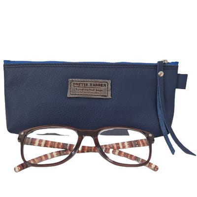 Handgemaakte Leren Brillenkoker Blauw - maat L - 21bx8hx3d - Ritssluiting - Brillenetui - Brillentas - Leder