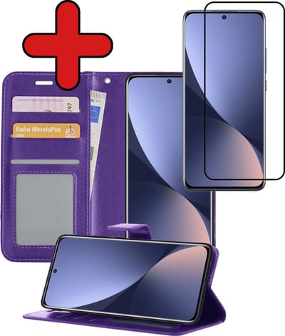 Hoesje - Met Screenprotector - Geschikt voor Xiaomi 12 - Luxe Pasjeshouder - Flipcase - Bookcase Portemonee - Flip Case - Kunstleer Book Case - Book Cover - Walletcase - Portemonneehoes - Telefoonhoes - Paars