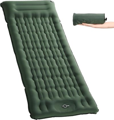 Opblaasbare slaapmat 11 cm zelfopblazend - upgrade airbag campingmatras met voetpomp en hoofdkussen - legergroen