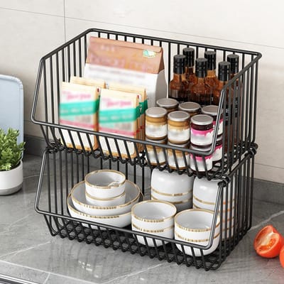 3-laags fruitmand voor keukenopbergwagen Stapelbare metalen draad opbergmand Snacks Organizer Manden met wielen 2 Tier gray