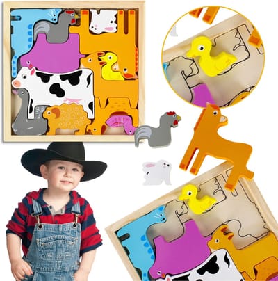 Houten puzzel "Boerderijdieren" voor kinderen - 12 stukken
