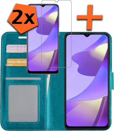 Hoes - Met 2x Screenprotector - Geschikt voor OPPO A16s - Luxe Pasjeshouder - Bookcase Portemonee - Flip Case - Kunstleer Book Case - Flipcase Hoes - Book Cover - Walletcase - PortemonneeHoes - Turquoise