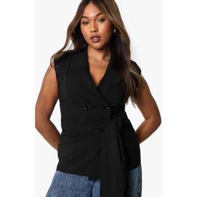 boohoo Dames Plus Bengaline Blazer met strik-taille | Black | Maat: 28