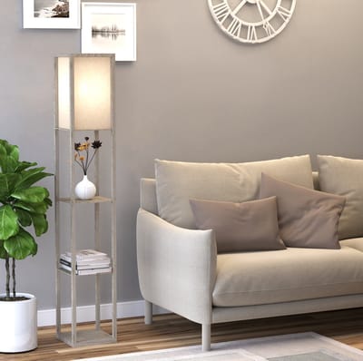 MEUNIQ Staande lamp met 3 open planken 26 x 26 x 160 cm E27 tot 40W planklamp voor woonkamer of slaapkamer met opbergruimte wit